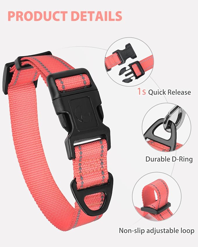 Joytale Reflective Dog Collar, Adjustable Nylon Pet Collar with Quick-Release Buckle for Medium Dogs, Pink, M