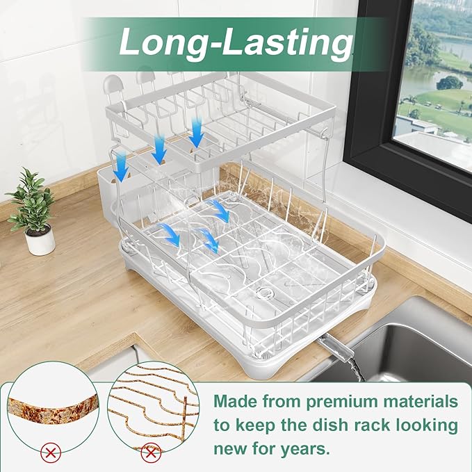 Dish Drying Rack, Two-Tier Dish Drying Rack with Utensil Holder and Cutlery Tray – Auto-Draining Large Capacity Dish Drainer with Drainboard for Kitchen Counter, White