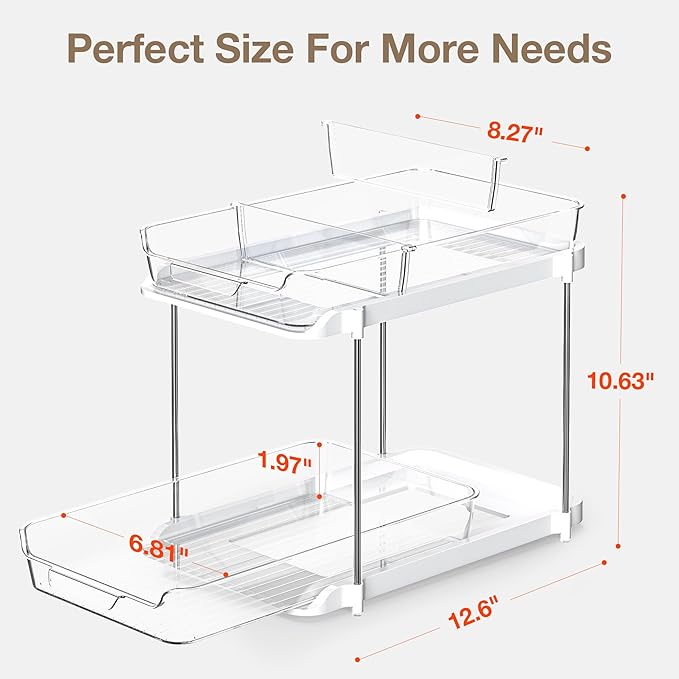 Delamu 2-Tier Multi-Purpose Bathroom Under Sink Organizers and Storage, Stackable Kitchen Pantry Organization, Pull Out Medicine Cabinet Organizer with Movable Dividers, White, 1 Pack
