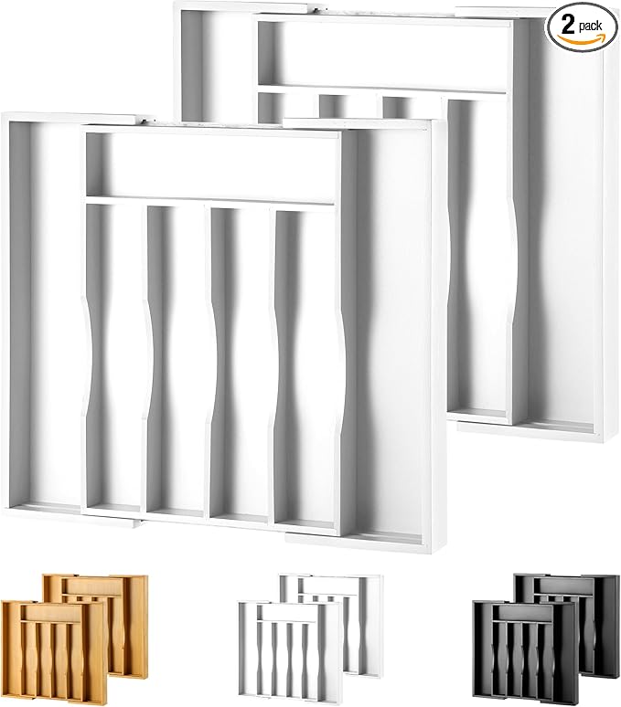 2-Piece Expandable Bamboo Kitchen Drawer Organizer for Cutlery and Utensils, Adjustable Bamboo Wood Cutlery Tray in Drawer for Flatware and Silverware in Kitchen, (White)