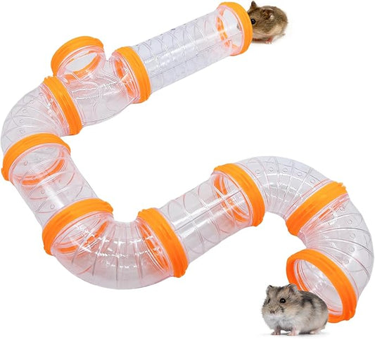 8PCS Hamster Tunnel Tube DIY Assorted Toy Transparent Adventure Pipe Playground Excercise Set for Mouse Syrian Hamster Gerbil (Orange)