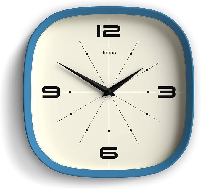 JONES CLOCKS® Pulsar wall Clock | Square Rounded Retro Clock | 10 inch | Blue |