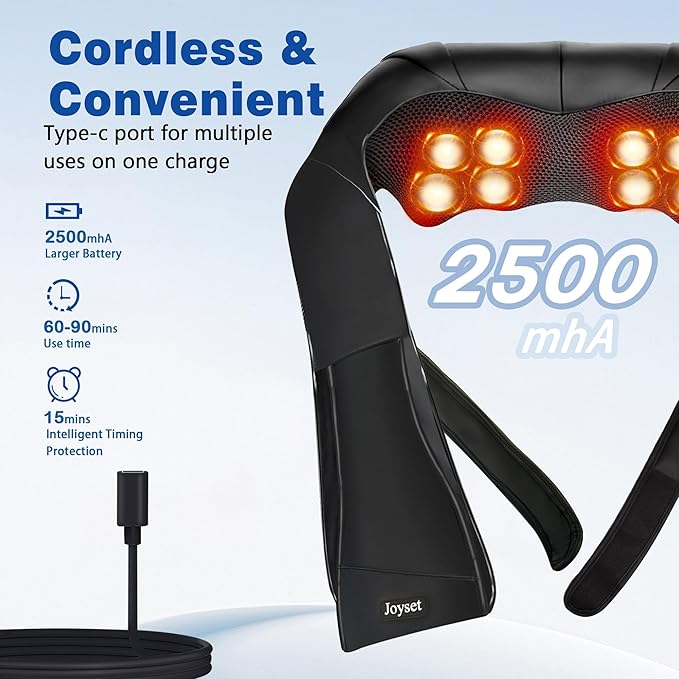 Joyset Cordless Neck Massager Shiatsu Neck and Back Massager with Heating Free Easy to Wash Cloth Cover for Shoulder Massage