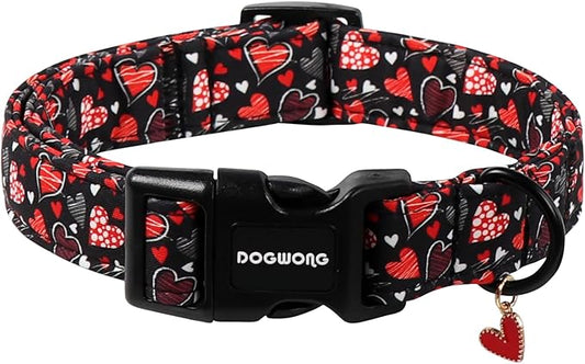 DOGWONG Valentine's Day Dog Collar, Red Heart Dog Collars Female or Male Adjustable Cotton Pet Collar with Quick Release Buckle for Small Medium Large Dogs,XS