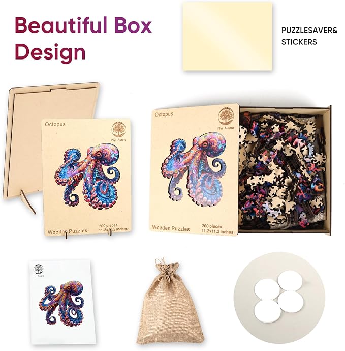 Mys Aurora Octopus Puzzles for Adults, 5MM Thick Jigsaw Puzzles 200 Pieces | Unique Shape Puzzle Ocean Wood Puzzles for Adults and Kids Birthday Gifts Family Game 11.2 * 11.2inch