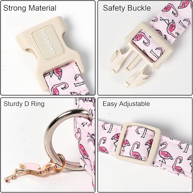 DOGWONG Cute Pet Dog Collar Pink Flamingos Cotton Dog Collar- Soft Girl Puppy Adjustable Pet Collars for Small Medium Large Dogs,M