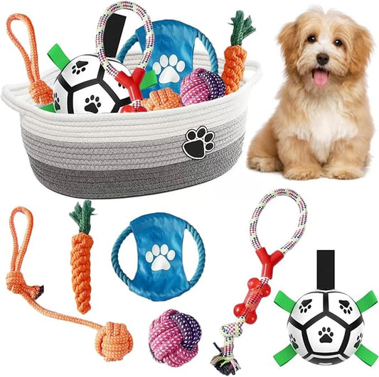 7 Pcs Puppy Dog Toys Storage Basket Set Dog Gift Chew Toys for Teething Squeaky Plush Duck Rope Woven Basket with Handles for Small Puppy
