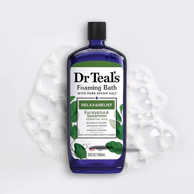 Dr Teal's Foaming Bath with Pure Epsom Salt, Relax & Relief with Eucalyptus & Spearmint, 34 fl oz (Pack of 4)