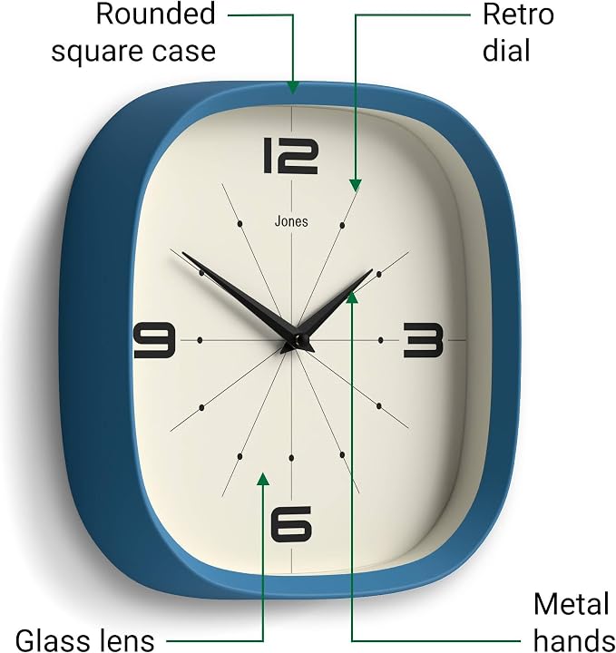 JONES CLOCKS® Pulsar wall Clock | Square Rounded Retro Clock | 10 inch | Blue |