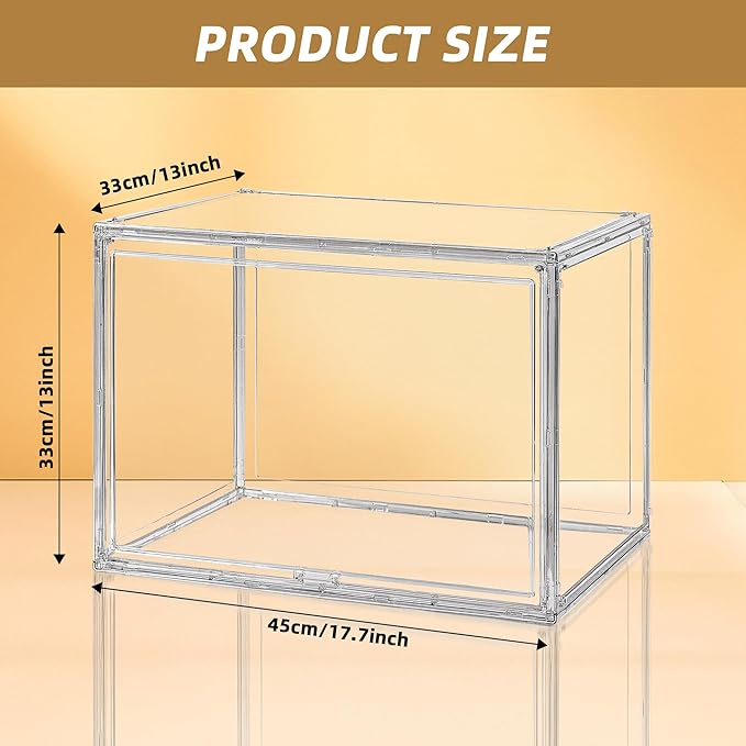 CELSOL Extra Large Storage Bins with Magnetic Door - 17.7x13x13in Clear Plastic Stackable Organizer, Waterproof Dustproof Display Case for Toys, Helmets, Shoes, Hats, Books & Collectibles