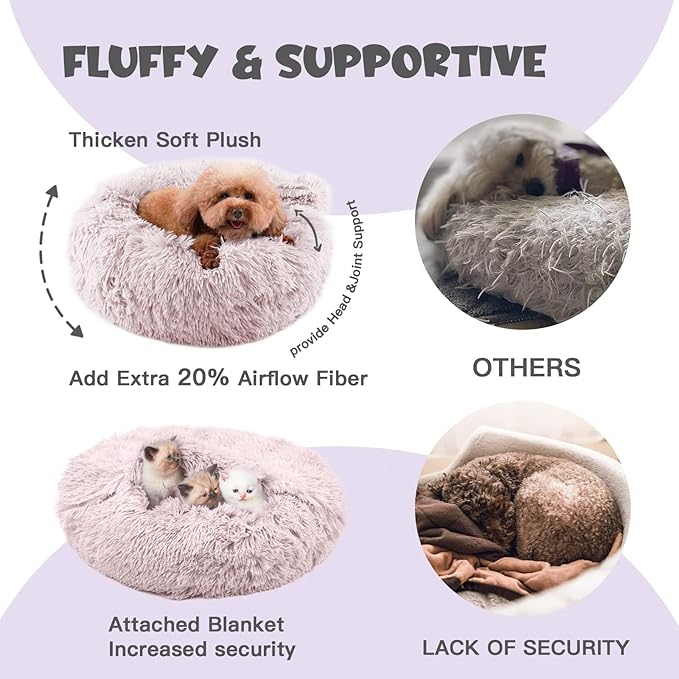 Himax Dog Beds for Small Dogs, Donut Dogs Beds with Blanket Attached, Calming Dog Bed Washable (20"/26"/35") Beige