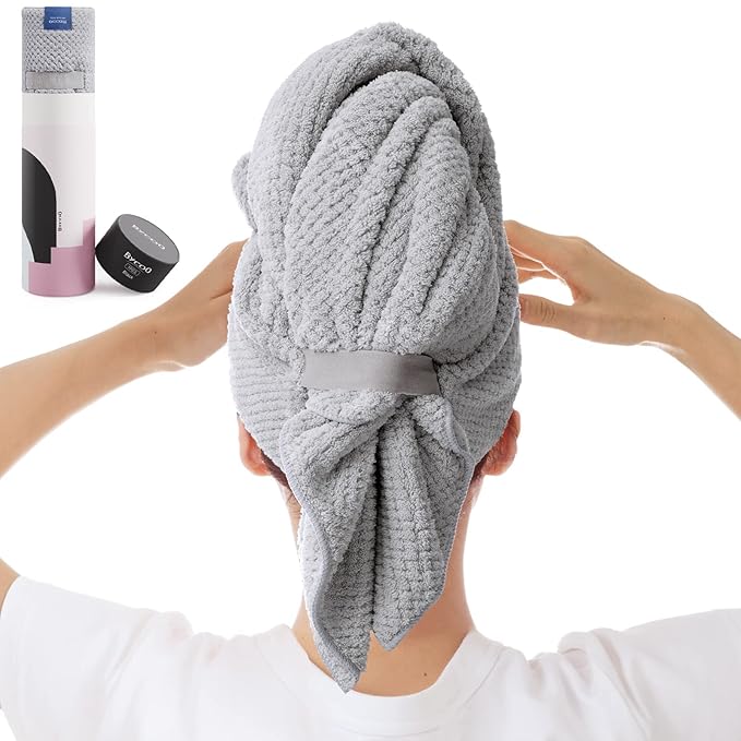 Large Microfiber Hair Towel Wrap for Women, Anti Frizz Hair Drying Towel with Elastic Strap, Fast Dry | Super Absorbent | Quick Dry Hair Turban for Wet, Curly, Long & Thick Hair -Gray
