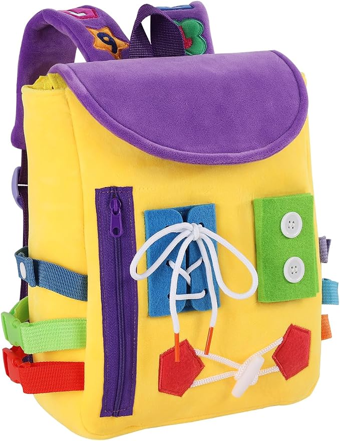 Busy Board - Toddler Backpack with Buckles and Learning Activity Toys - Develop Fine Motor Skills and Basic Life Skills - Learn to Tie Shoes - Children's Travel Toy (Yellow)