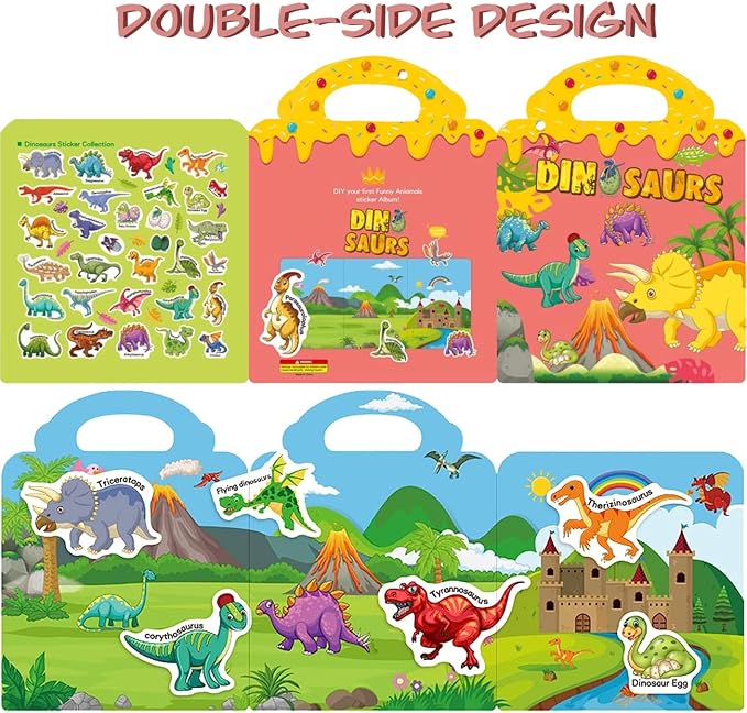 RUSON Reusable Sticker Book for Kids, 2 Sets Educational Learning Toys Travel Stickers Activity Books for Toddler Girls Boys Age 3+ Birthday Gifts - Vehicle & Dinosaur