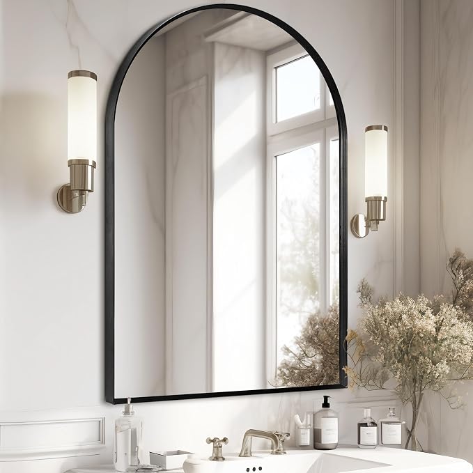 30" x 48" Black Arched Mirror, Arch Wall Mirror, Metal Frame Black Bathroom