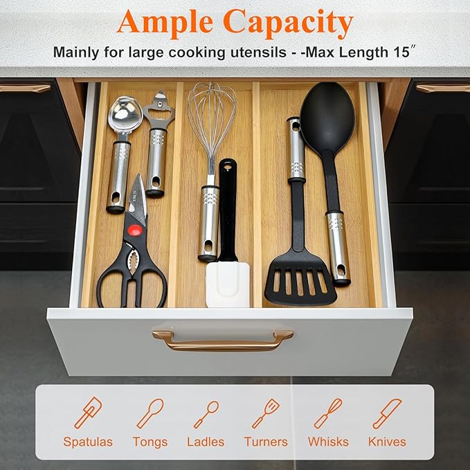 Large Bamboo Silverware Drawer Organizer Tray Kitchen Tool Drawer Divider Organizers Storage Expandable Cooking Utensil Organizer Wooden Cutlery Tray Spoon Flatware Organizers Utensil Holder Drawers