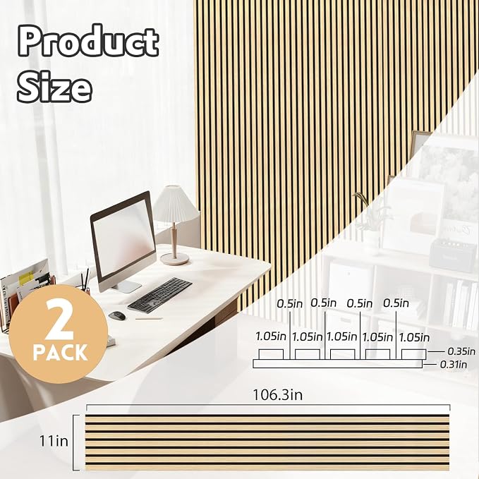 2 Pack Wood Panels for Wall, 106.3" × 11" Wood Slat Acoustic Panels for Wall