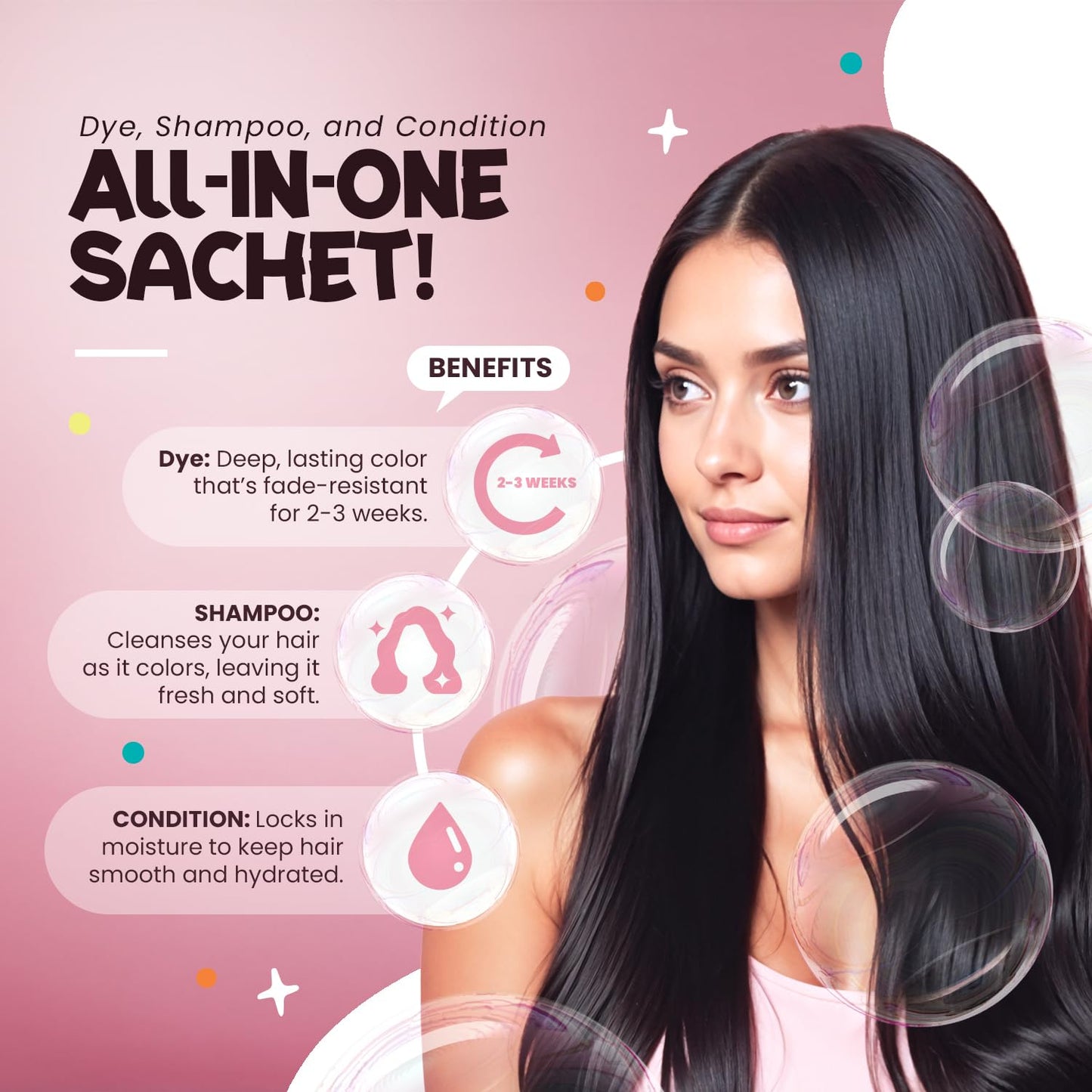 Herbishh Bubble Foam Hair Dye Shampoo, 3 in 1 Dye for 100% Grey Coverage, Permanent & Instant Hair Coloring for Men & Women, Long-lasting & Travel-friendly, Ammonia-free, 10 Sachet x 24 ml (Black)