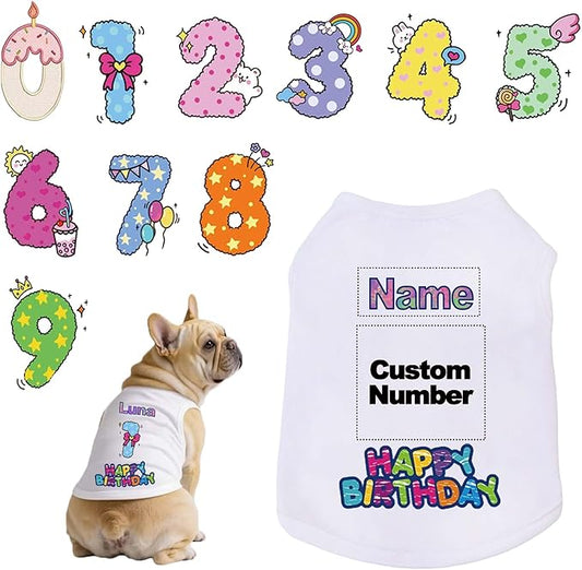 Custom Dog Birthday Shirt,Personalized Pet Apparel Print with Name Age Number,Pet Birthday Outfit,Lightweight Breathable Cotton Vest for Small Medium Large Dogs Cat (White, 6X-Large)