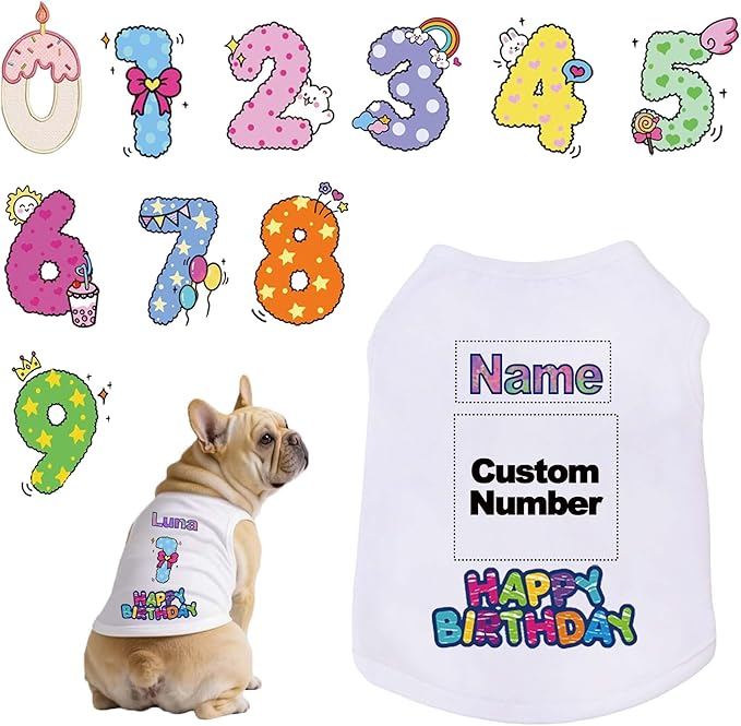 Custom Dog Birthday Shirt,Personalized Pet Apparel Print with Name Age Number,Pet Birthday Outfit,Lightweight Breathable Cotton Vest for Small Medium Large Dogs Cat (White, 8X-Large)