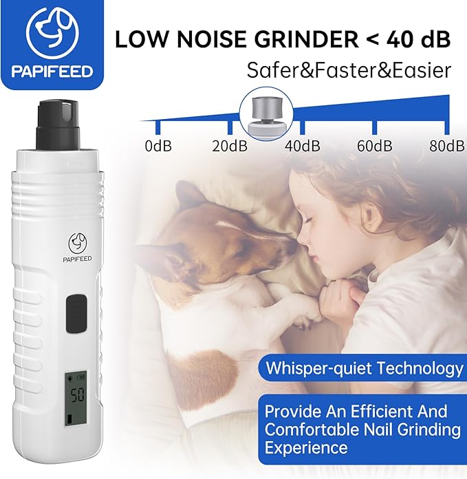 PAPIFEED Dog Nail Grinder Professional Pets, 3-Speed Electric Quiet Dog Nail Grinder, Rechargeable Dog Nail Trimmers - with 2 LED Lights/2 Grinder Wheels, for Small, Medium, (White)