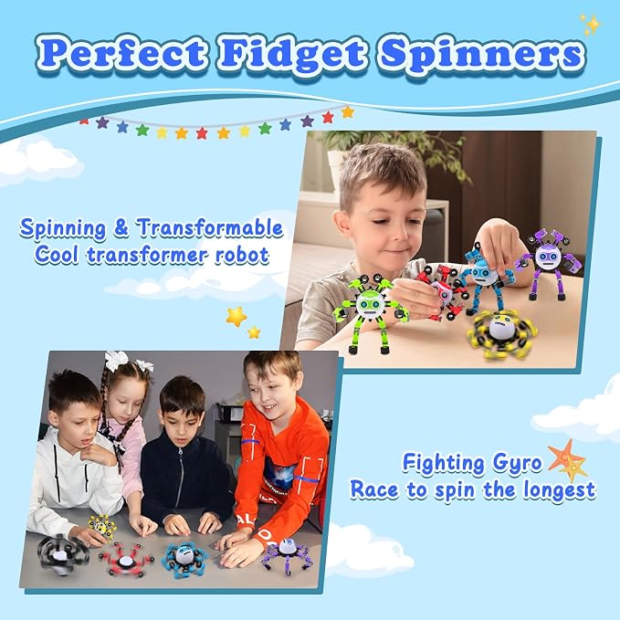 4 PCS Travel Toys Transformable Fidget Spinners Toys for Kids and Adults Sensory Toy for Boys Teens Stress Relief Autism ADHD Cool Road Trip Travel Essential Birthdays Gifts for Party Favors