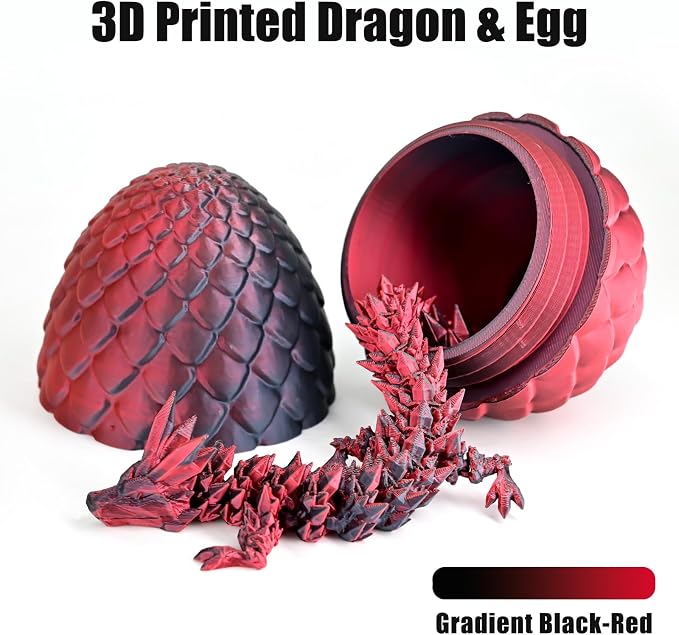 12" 3D Printed Dragon Eggs with Dragon, Articulated 3D Fidget Toys for Kids | Crystal 3D Dragon Toys for Boys Girls, Small 3d Printed Animals, Dino Dinosaur Eggs Toys, Easter Basket Stuffers（Black Red）