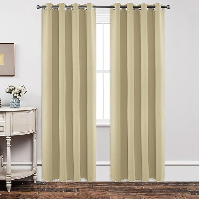 Joydeco Blackout Curtains 63 Inch Length 2 Panels Set, Thermal Insulated Long Curtains& Drapes 2 Burg, Room Darkening Grommet Drapes for Living Room Bedroom Window (W52 x L63 Inch, Beige)