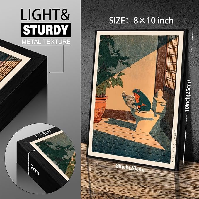 Vintage Japanese Black Framed Wall Art Funny Frog Bathroom Canvas Print Cute