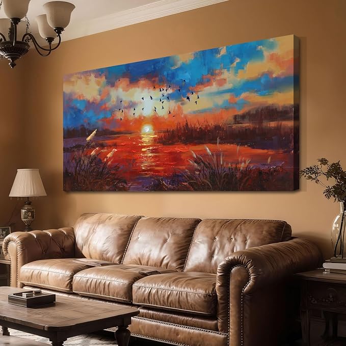 Anolyfi Sunset Wall Art for Living Room, Reed Lake Wall Decor Red Artwork for