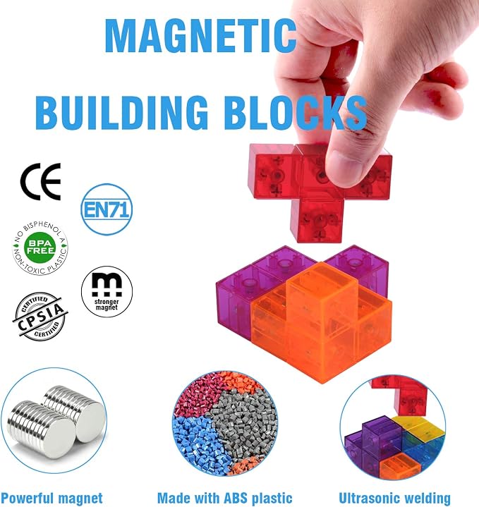 WorWoder Kids Magnetic Building Blocks Magic Magnetic 3D Puzzle Cubes, Set of 7 Multi Shapes Magnetic Blocks with 54 Guide Cards, Intelligence Developing and Stress Relief Fidget Toys for Kids (Blue)