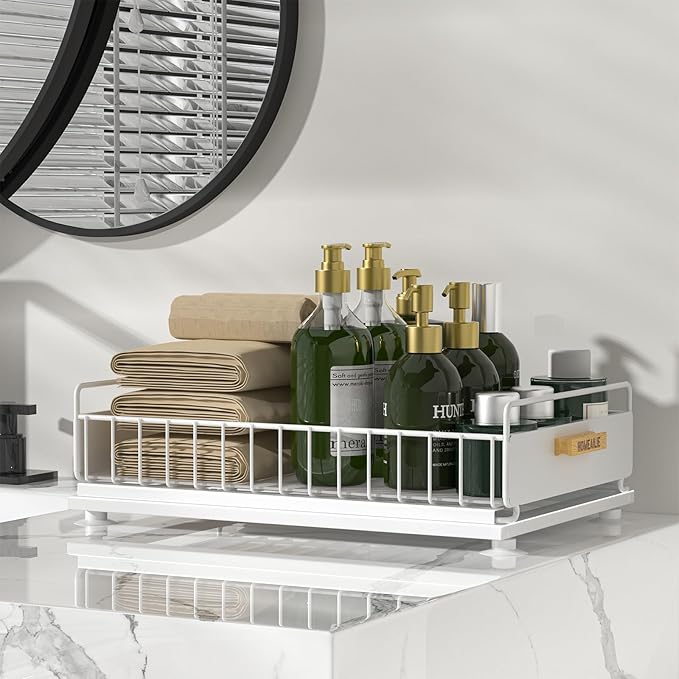 Under Sink Organizer, 2 Packs Under Sink Organizers and Storage, Slide Out Pull Out Cabinet Organizer Shelf with Metal Drawers for Kitchen Bathroom Pantry, White