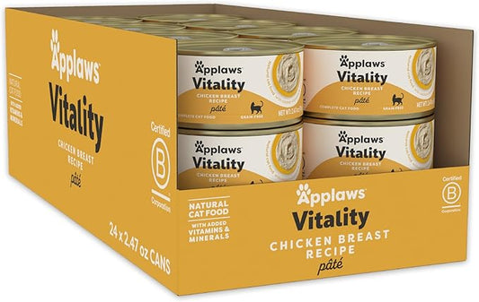 Applaws Vitality Wet Cat Food Paté, Natural Cat Food with Added Vitamins & Minerals, Grain-Free, Carrageenan Free, Chicken Breast Recipe (24 Count, 2.47 oz Cans)