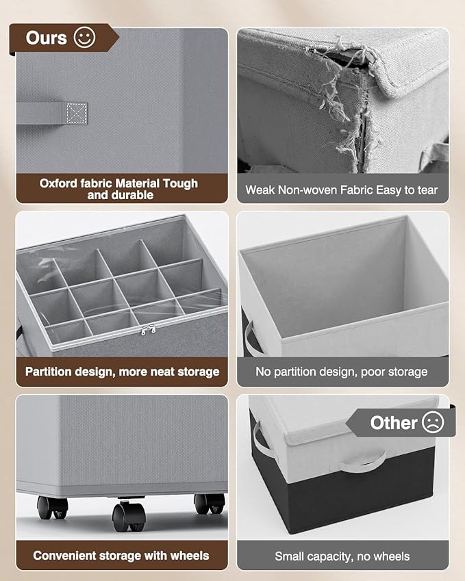 Rolling Shoe Organizer Boxes with Dividers, 2 Pack – Gray