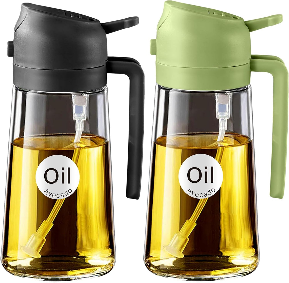 YARRAMATE 16oz/470ml Glass Olive Oil Sprayer for Cooking with Stickers, 2 in 1 Oil Dispenser for Kitchen Gadgets, Food Grade Premium Spray Bottle with Portion Control for Salad, Frying, BBQ (Black)