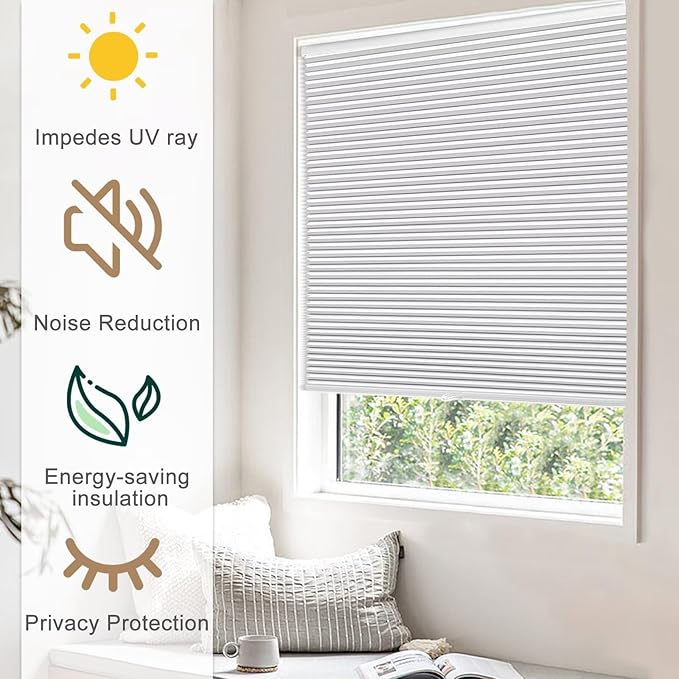 MYshade 1.5-Inch Cellular Cordless Blackout Shades,Thermal Insulating Noise Reducing Waterproof Blinds,Honeycomb Window Treatments for Indoor Light Control (White-39 W x 72" H)