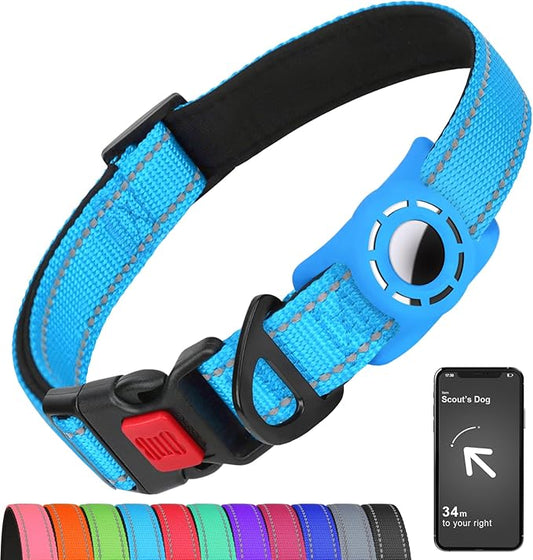 Airtag Dog Collar with AirTag Holder for Large Dogs, Reflective, Soft Padded & Safety Locking Buckle, Nylon Pet Collars Adjustable for All Breeds, SkyBlue,XL