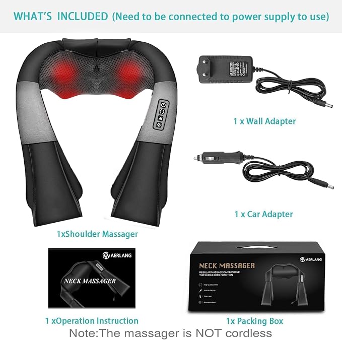 AERLANG Shiatsu Back and Neck Massager, Back Massager Deep Tissue Kneading Neck and Shoulder Massage with Heat, Electric Massage Pillow Fathers Day Gift Ideas from Daughter Son(NOT Cordless)