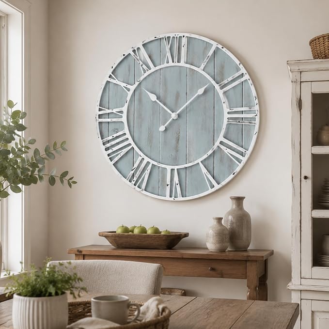 Quelay 30 Inch Coastal Wall Clock, Quiet Ticking Battery Operated, Rustic Retro