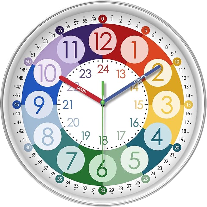 XFM Learning Clock for Kids 12 Inch Colorful Teaching Time Wall Clocks Battery