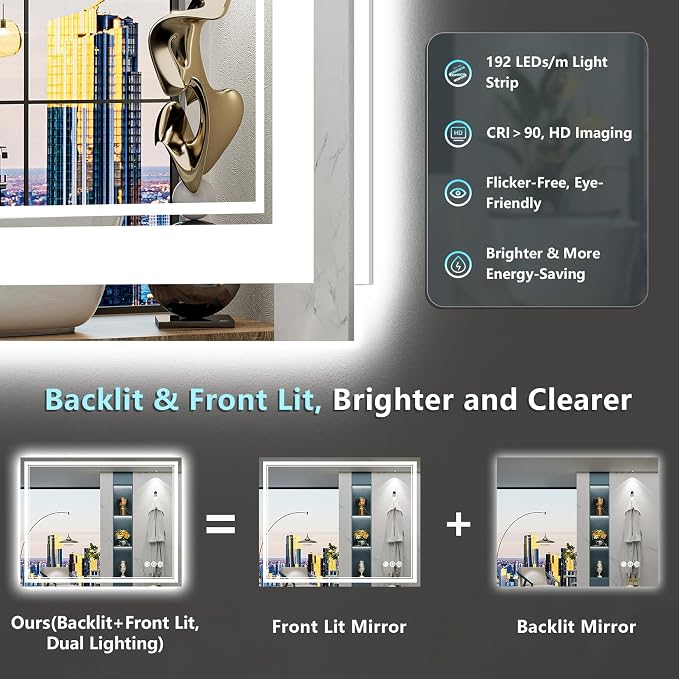 40x36 LED Bathroom Mirror with Lights, Backlit and Front Lit Anti-Fog Lighted