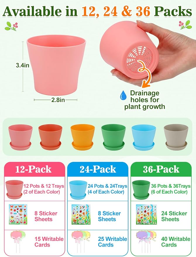 Cosweet 24Pack Durable Resin Garden Plant Pots Kit for Kids Crafts 4+ Years | School Activities Growing Kit, with Stickers & Blank Labels, Colorful Flower Pots, Spring Crafts, for Classroom Home DIY Gift