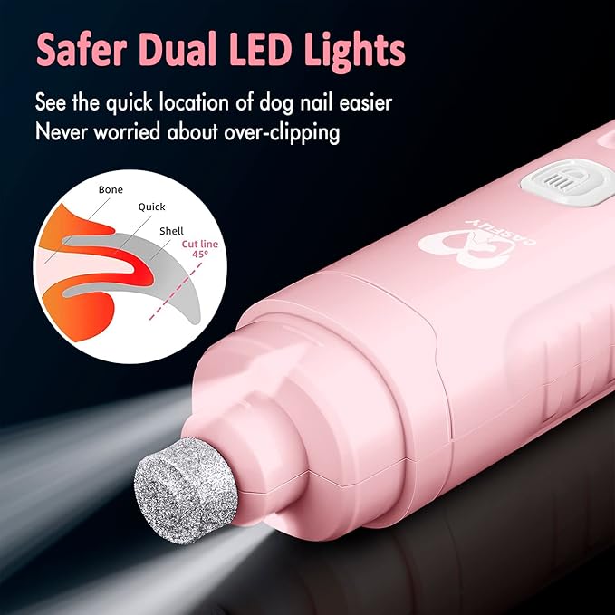 Casfuy Dog Nail Grinder with 2 LED Light for Large Medium Small Dogs - 3X More Powerful 2-Speed Electric Pet Nail Trimmer Rechargeable Quiet Painless Paws Grooming & Smoothing Tool