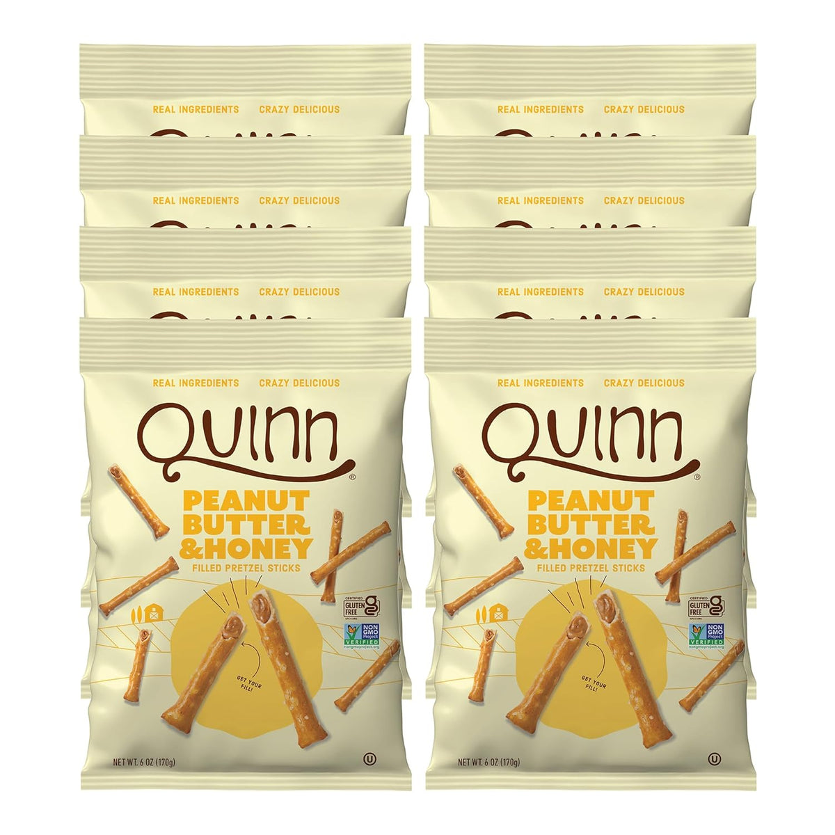 Quinn Snacks Peanut Butter & Honey Filled Pretzel Sticks - Gluten Free Snack, Sweet & Salty, Made with Real Natural Ingredients, Peanuts, Sorghum, & Root Vegetables, Dairy Free - 6 oz (Pack of 1)