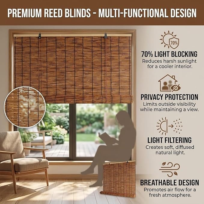 Bamboo Blinds for Patio, Outdoor Bamboo Roll up Shades, Waterproof Cordless