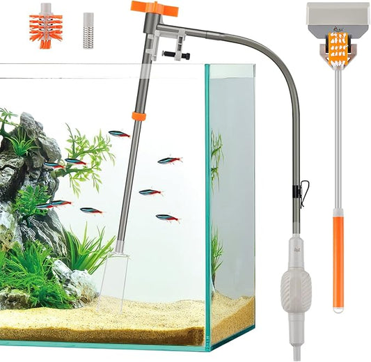 AQQA Aquarium Siphon Vacuum Cleaner Kit with 3 Replaceable Heads, Extra 2-in-1 Algae Scraper Cleaning Brush, Manually Siphon Ball Water Changer, Extendable Length to 38.2In for Fish Tank Cleaning (M)