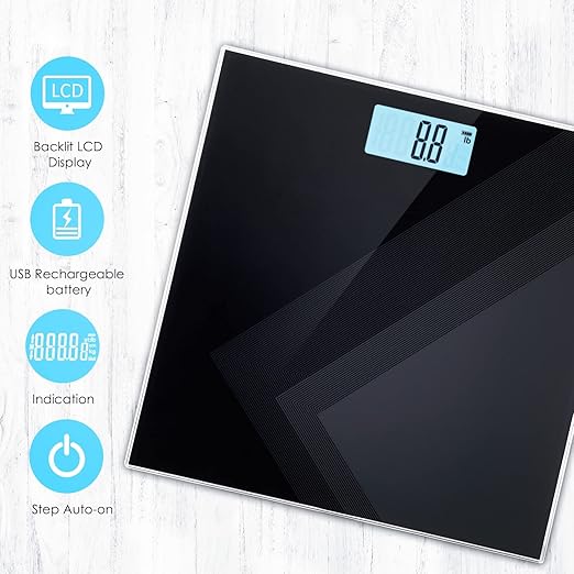 Uten Digital Weight Scale, USB Charging Bathroom Weight Scale, Three-Color LCD Back Light Display, Slim Design, 400Ibs/180kg, 6mm Tempered Glass (Black)