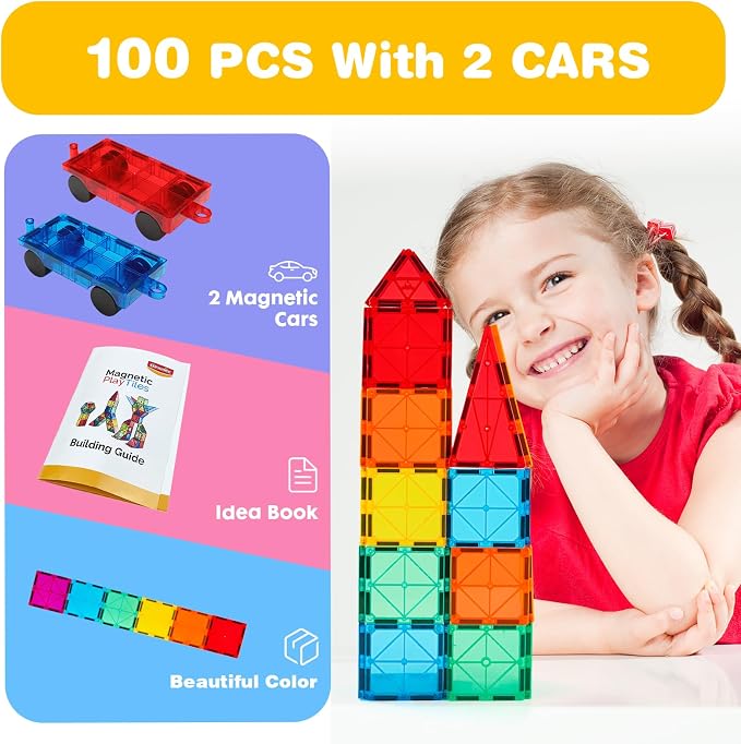 Gemmicc 100 PCS Magnetic Tiles with 2 Cars, STEM Approved Educational Magnet BuildingToys, Magnet Puzzles Stacking Blocks for Boys Girls