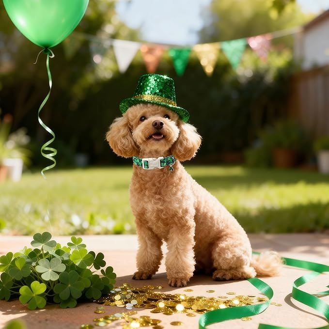 St Patricks Day Dog Collar for Medium Dogs - Green Lucky Clover Dog Collars, Lightweight Adjustable Irish Festival Shamrock Dogs Collars with Quick Release Buckle M