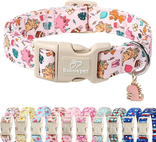 Cute Dinosaur Dog Collar, Adjustable Pink Dino Dog Collars for Large Dogs, Lightweight Quick-Release Buckle Birthday Collar for Boy&Girl Dogs L